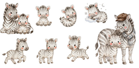 Naklejka premium Cute Baby Zebra Family Watercolor Clipart Collection, Safari Animal Nursery PNG Set, Mom and Baby Zebra Illustration for Kids Room Decor and Baby Shower