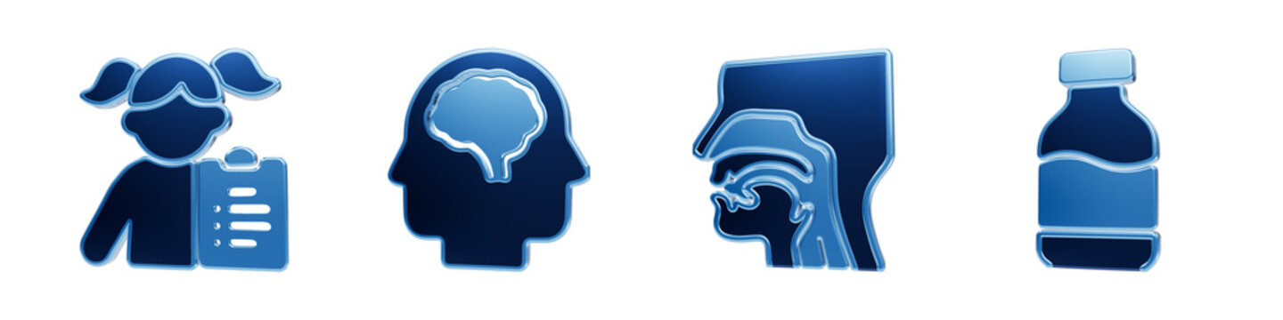 Pediatric speech therapy and anatomy icons in glossy blue 3d style