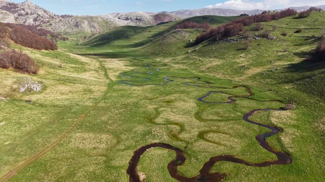 Aerial View of Meandering Stream Winding Through Lush Green Alpine Valley