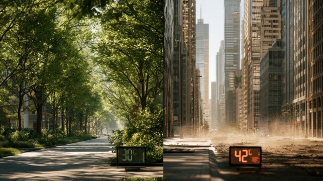 Scene shows a park area and a city street representing different temperatures at the same time during the day