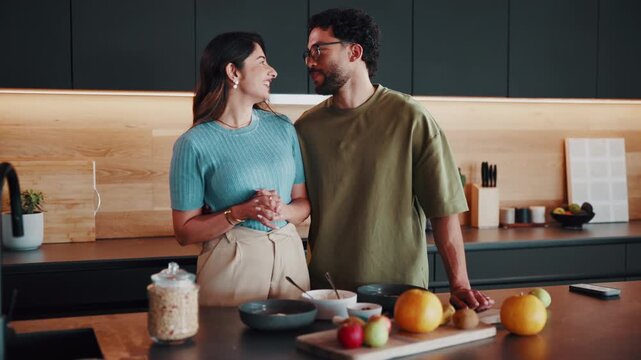 Couple, conversation and guide in kitchen with yogurt, breakfast and bonding with support. Love, people and muesli for brunch with nutrition, healthy food and meal prep for wellness and detox