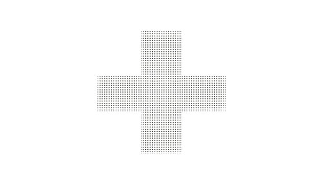 Black halftone dotted cross symbol on a white background, suggesting medical, addition, or abstract design themes.