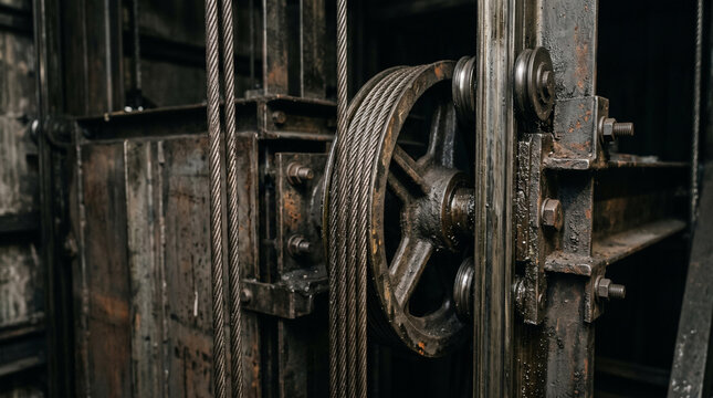 Extreme close-up of modern industrial elevators, minimalistic metal architecture, steel elevator cables and shaft details