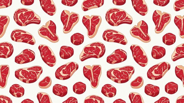 Red Meat Cuts Seamless Pattern Background Butcher Shop Food Texture Culinary Design, 8K Image 