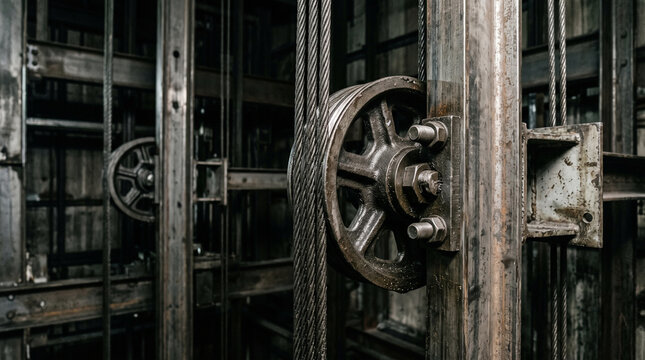 Extreme close-up of modern industrial elevators, minimalistic metal architecture, steel elevator cables and shaft details