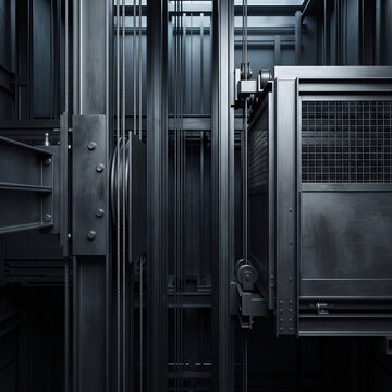 Extreme close-up of modern industrial elevators, minimalistic metal architecture, steel elevator cables and shaft details