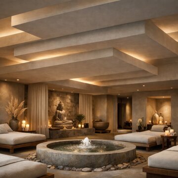 Luxury wellness spa interior with meditation fountain and serene relaxation atmosphere in premium retreat