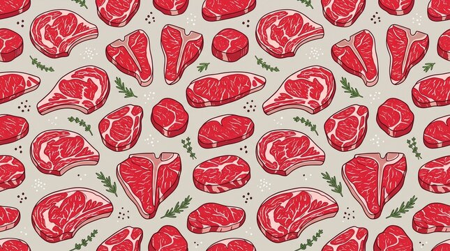 Red Meat Cuts Seamless Pattern Background Butcher Shop Food Texture Culinary Design, 4K Image 