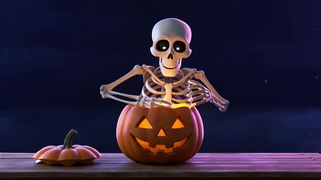 Happy Halloween greeting with a cheerful 3D animated skeleton carving a glowing jack-o'-lantern on a rustic wooden table at night, preparing for a spooky fun celebration.
