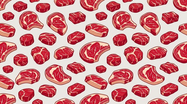 Red Meat Cuts Seamless Pattern Background Butcher Shop Food Texture Culinary Design, 32K Revolutions