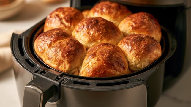 Freshly baked rolls in an air fryer on a kitchen countertop