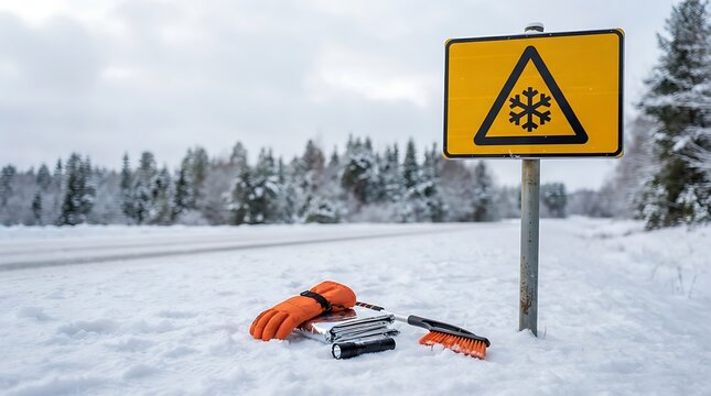 Orange gloves emergency blanket and snow brush lying on deep white snow beside a bright yellow winter road warning sign