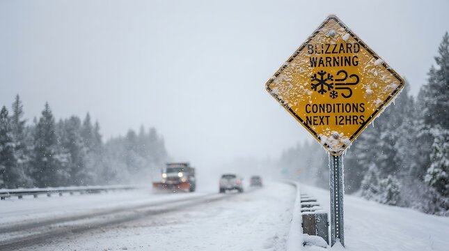 Blizzard warning metal road sign covered in fresh white winter snow during a heavy storm on a highway near forest