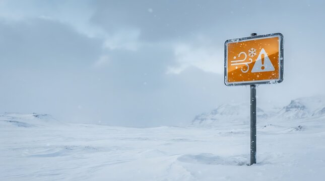 Orange warning sign indicating severe winter storm conditions stands alone in a vast desolate landscape filled with fresh powdery snow