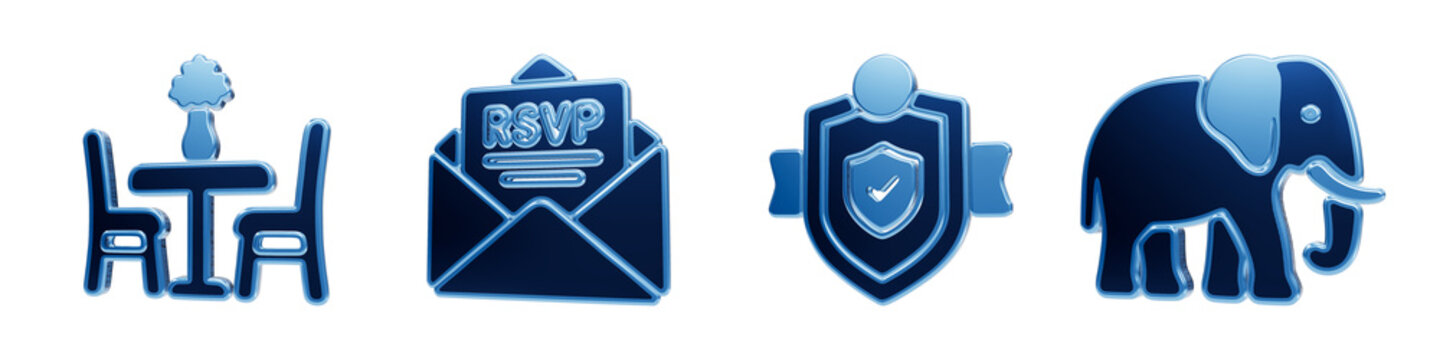 Blue neon reception planning and event security icons featuring rsvp card and elephant