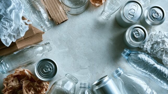 Recycling materials placed in a circular layout on a light surface for waste management