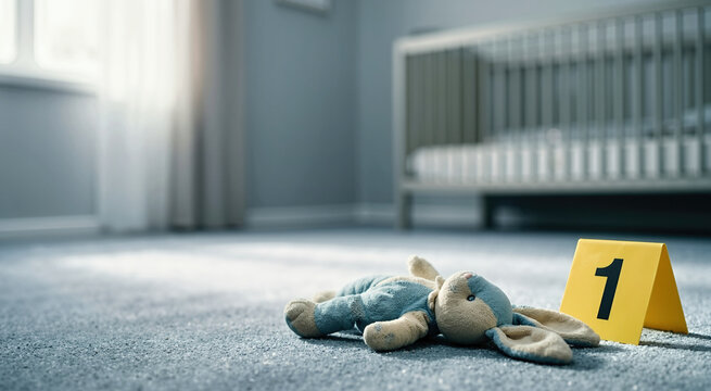 Stuffed bunny toy on a carpeted floor next to a yellow evidence marker. Crime scene investigation in a child nursery. Kidnapping or missing person concept