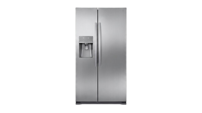 Stainless Steel Side-by-Side Refrigerator: A modern, stainless steel side-by-side refrigerator with an integrated ice and water dispenser stands as a sleek and functional appliance in a home setting.