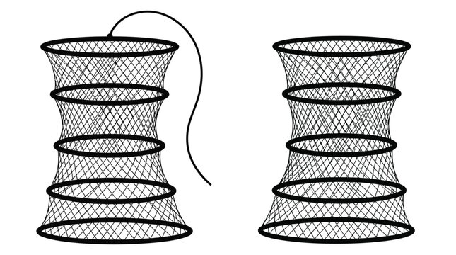 Pair of cylindrical fishing keepnets featuring black circular wire frames and fine mesh netting for aquatic wildlife containment purposes