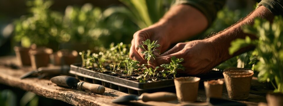 Hands working with small plants in a garden setting during daylight hours