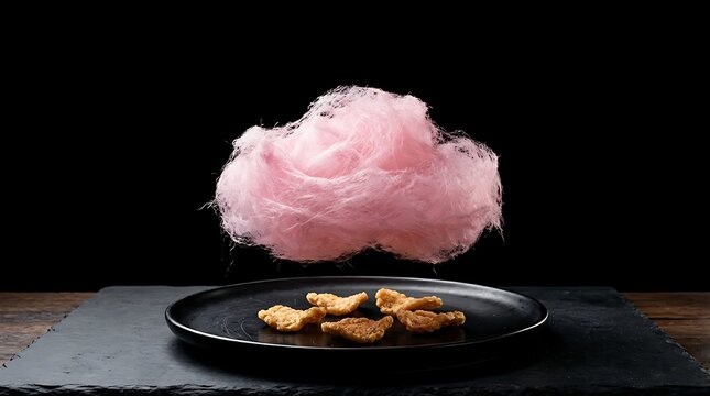 Fluffy pink cotton candy cloud hovering magically above savory golden crispy pork rinds on a sleek dark minimalist dinner plate
