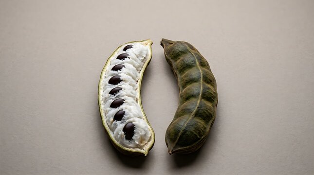 Fresh ice cream bean pods displayed on a neutral background showing edible white pulp and dark seeds for culinary food photography