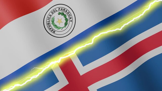 Two waving flags Paraguay and Iceland with diagonal lightning seamless, 4k loop