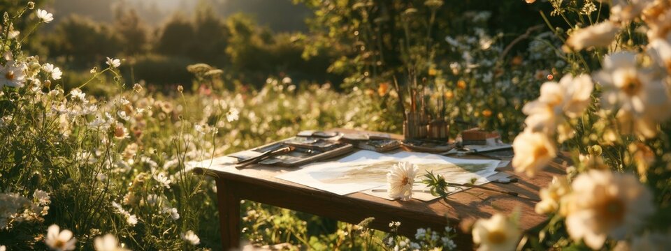 Artist's workspace in a field of flowers during golden hour with painting supplies on a table