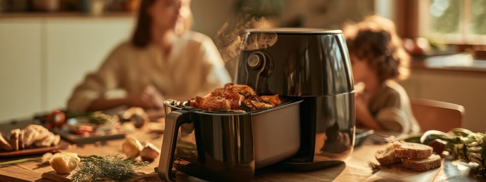 Family enjoys meal preparation at home with an air fryer while sitting at a kitchen table