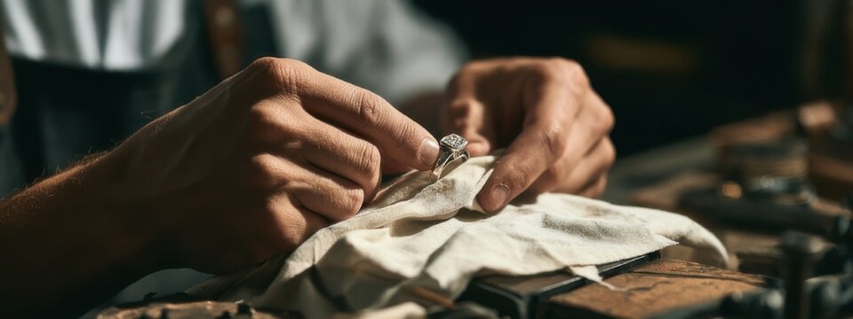 Craftsman works on ring in workshop during late afternoon