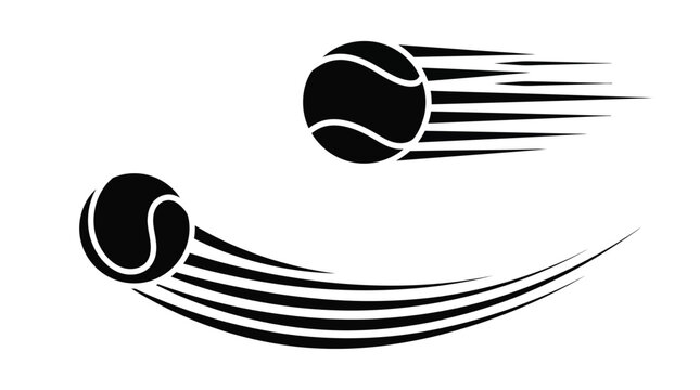 Black tennis balls moving at high velocity with dynamic motion trail lines depicted in a minimalist flat vector graphic style