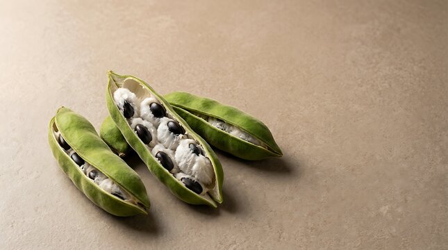 Fresh inga beans featuring edible white pulp and shiny black seeds displayed artistically on a neutral textured light brown surface