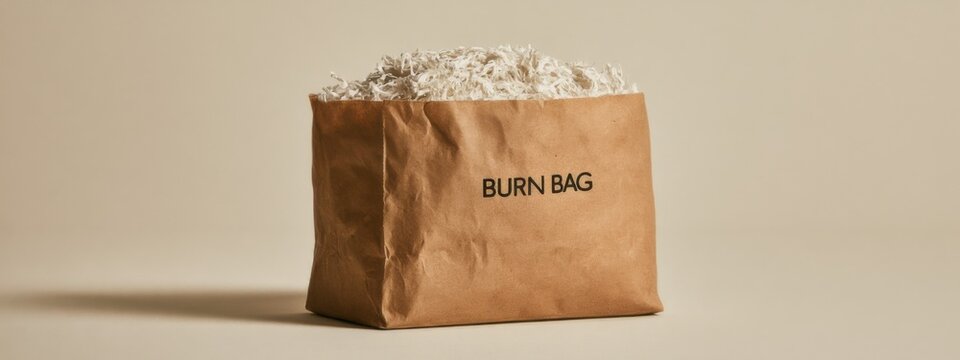 Burn bag filled with shredded paper on a plain background in a studio setting