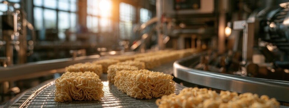 Noodles being processed in a factory during sunset with light streaming through windows