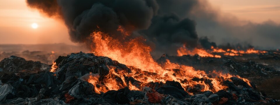 Fire burns waste at a landfill during sunset while dark smoke rises in the sky