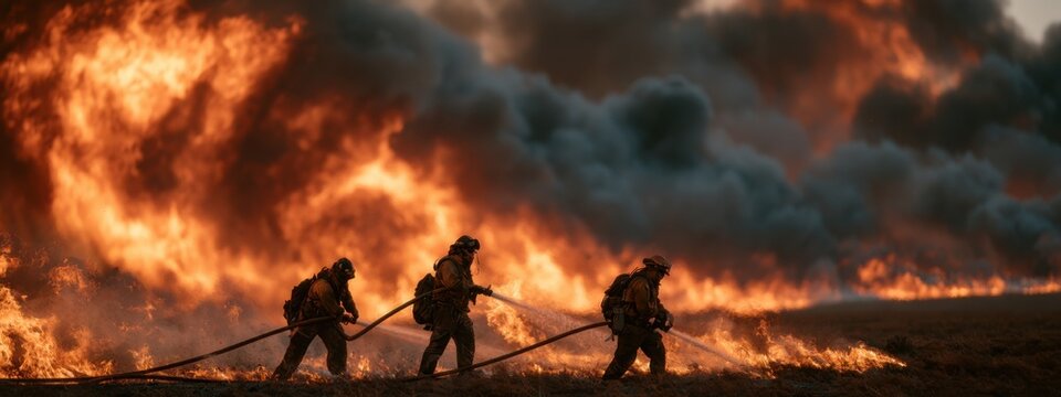 Firefighters battle flames in the field during a wildfire response at dusk