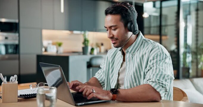 Video call, laptop and headset with man in home for online meeting, streaming and pr advisor. Virtual consultant, planning and contact with person and tech in house for feedback, project and webinar