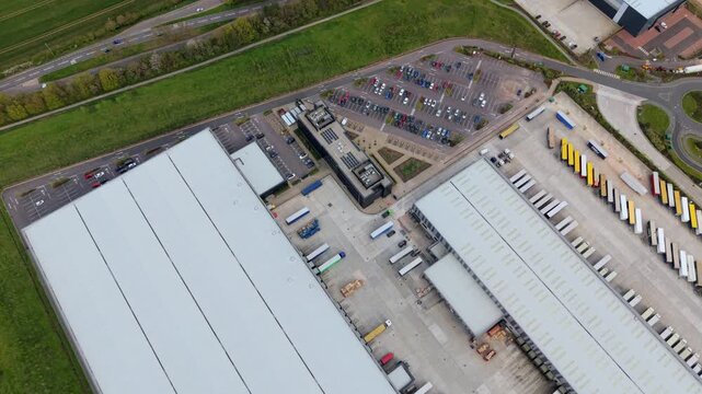Aerial View of Logistics Park Warehouses and HGVs in Appleby Magna UK