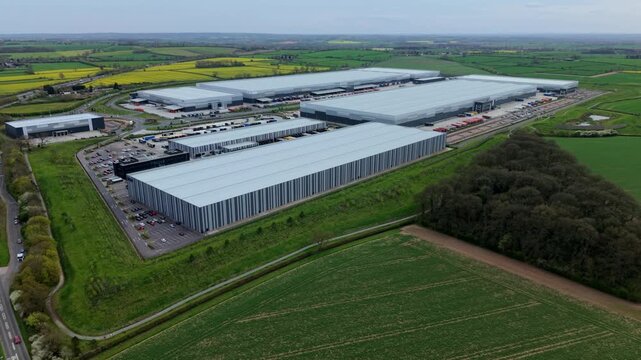 Aerial View of Mega Warehouse Fleet Depot near M42 in Appleby Magna UK