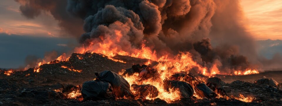 Fire and smoke rise from a large garbage dump during sunset in a rural area