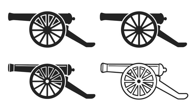 Black and white vintage cannon silhouettes displayed as flat vector icons with clean lines for historical graphic design projects today