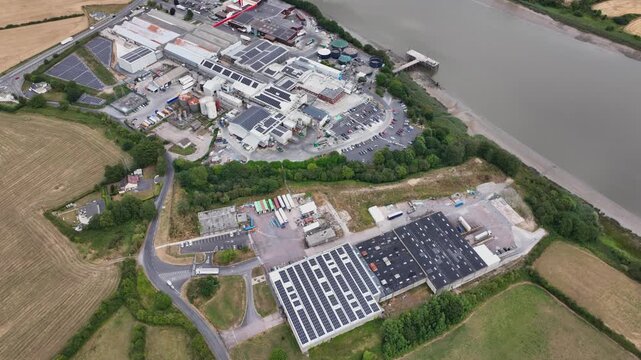 high angle drone view.Strategic Irish meat processing and export location at Grannagh, close to Waterford City, the River Suir and key motorway infrastructure serving European markets.