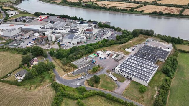 Aerial overview of modern meat processing plant next to the River Suir at Grannagh Kilkenny, one of the largest and most successful in irelands meat industry