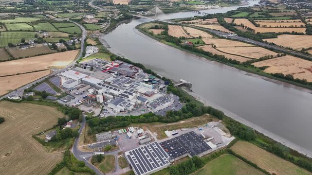 high drone overview of Grannagh meat processing and export hub,for meat processing and European exports, with proximity to Waterford City, the River Suir and major motorways.