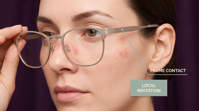 Young woman wearing glasses with visible facial skin blemishes and acne spots close up skin condition skin imperfections skincare issue real skin beauty care makeup free