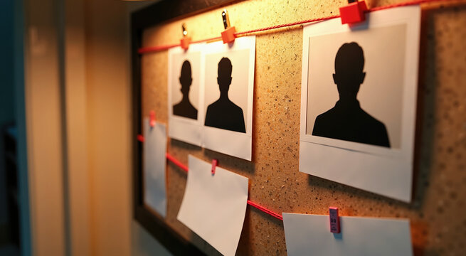 Investigation board with pinned suspect silhouettes and red strings under warm light. Detective case file and criminal connection concept