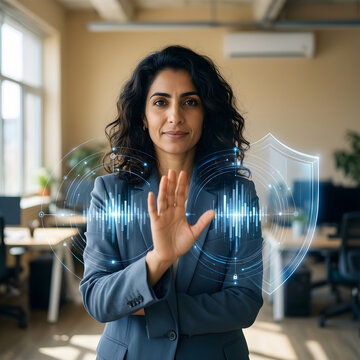 Fictional Middle Eastern woman professional in her early forties with wavy dark hair and a slate-blue suit in a sunlit flexible workplace, comparing two well-separated clusters of translucent data