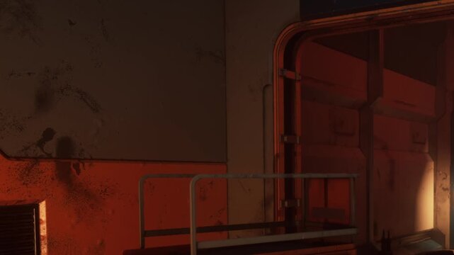 A metal bed frame stands in a dimly lit room. The walls show wear and tear. Warm light filters in from a window, creating shadows across the space.