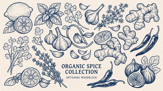 Hand drawn woodblock style organic spice collection featuring garlic, ginger, lemon, and herbs, ideal for culinary packaging, menus, and labels.