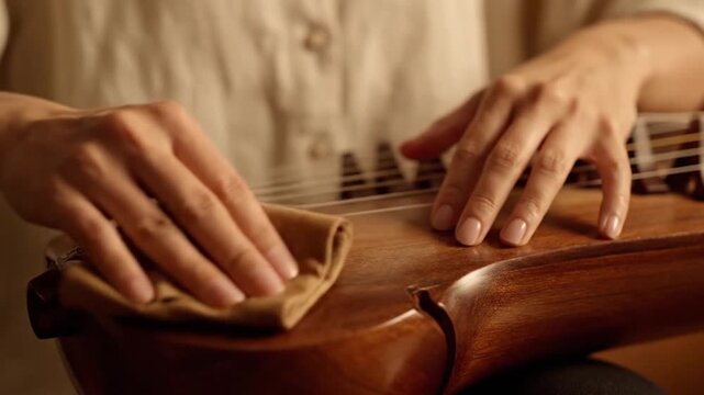 Detailed close-up of artisan hands polishing a handcrafted wooden stringed musical instrument with cloth.